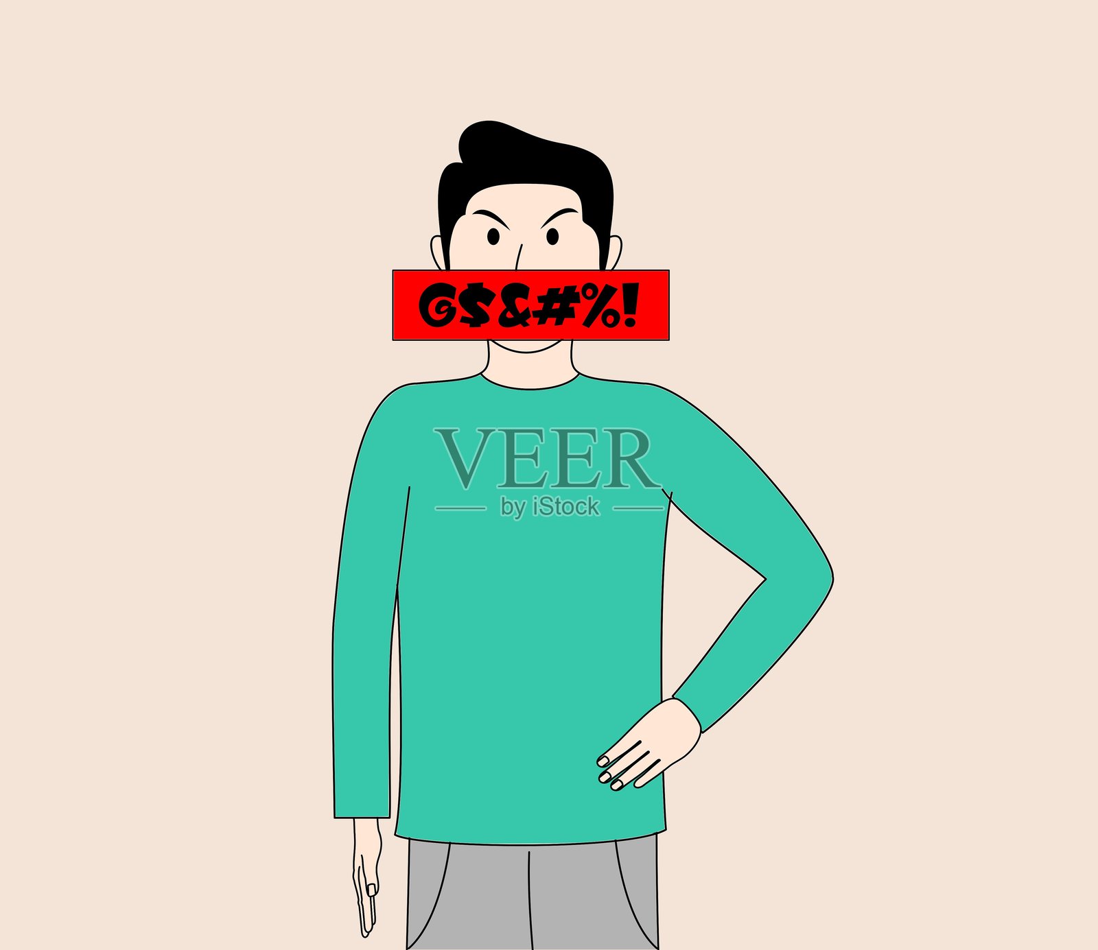 一个男人穿着绿衬衫，嘴巴被打上了马赛克插画图片素材