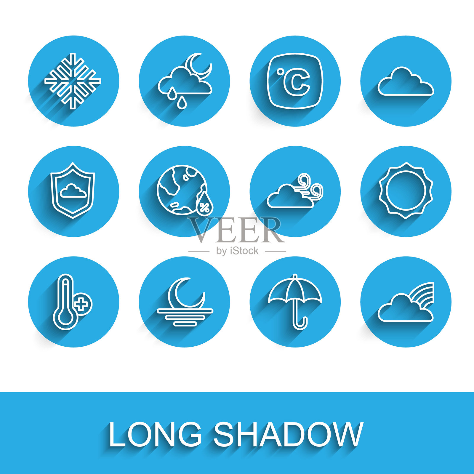 矢量图：气象温度计、日落、雪花、雨伞、带云彩的彩虹、水滴百分比和刮风天气图标。插画图片素材