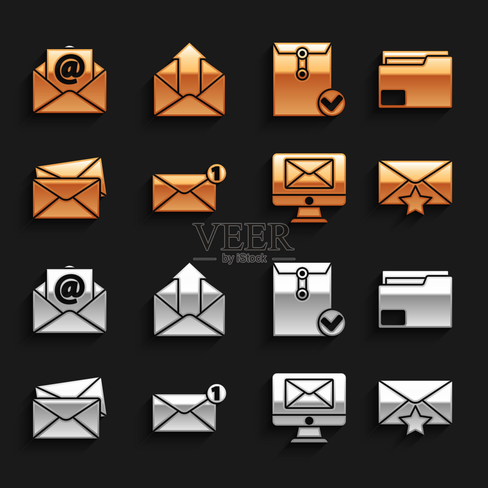 信封、文件文件夹、带星星的图标、显示器和信封、复选标记、邮件电子邮件和发件图标。矢量图插画图片素材