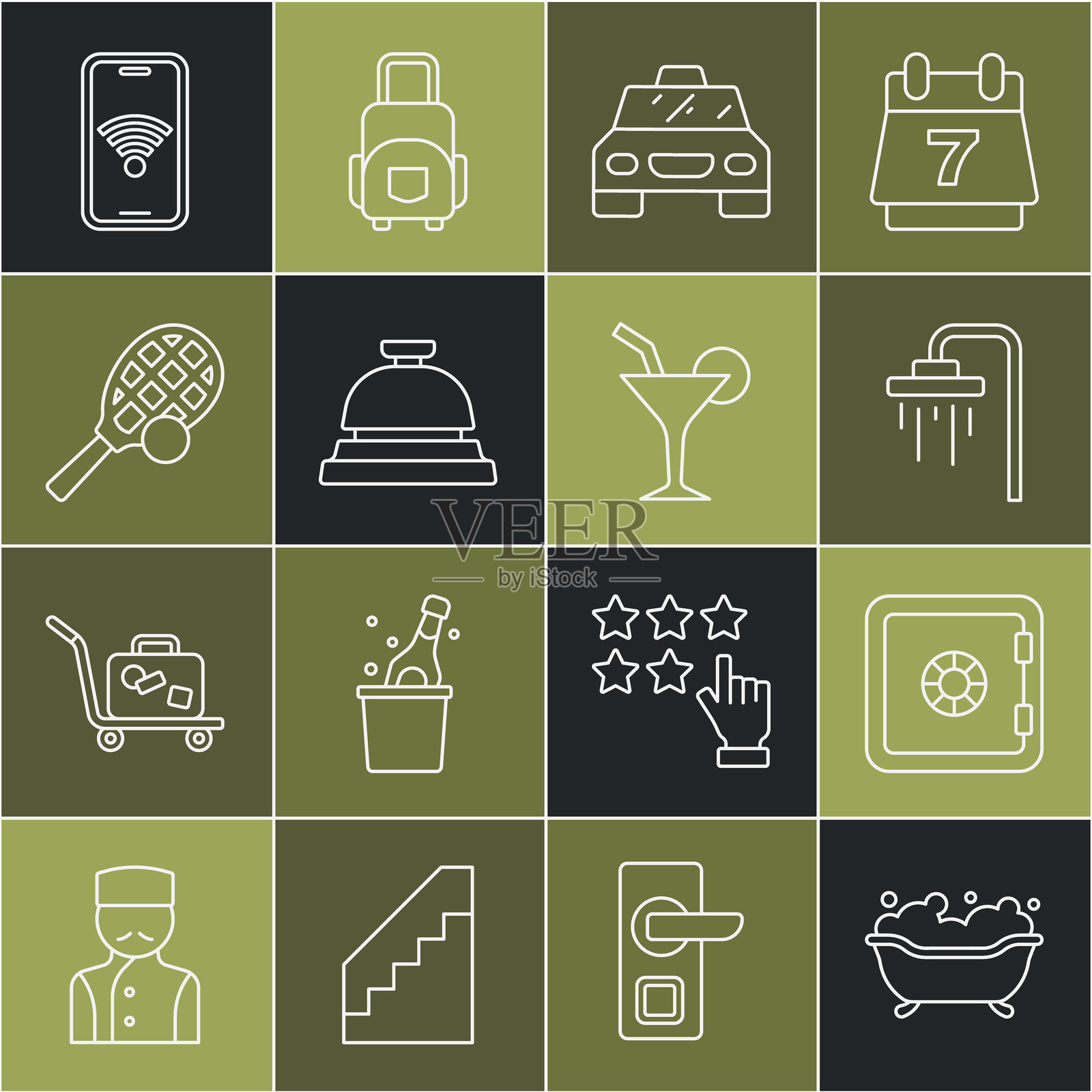 浴缸、安全、淋浴、出租车、酒店服务铃、带球的网球拍、移动Wi-Fi无线和鸡尾酒图标的线性集合。矢量图插画图片素材