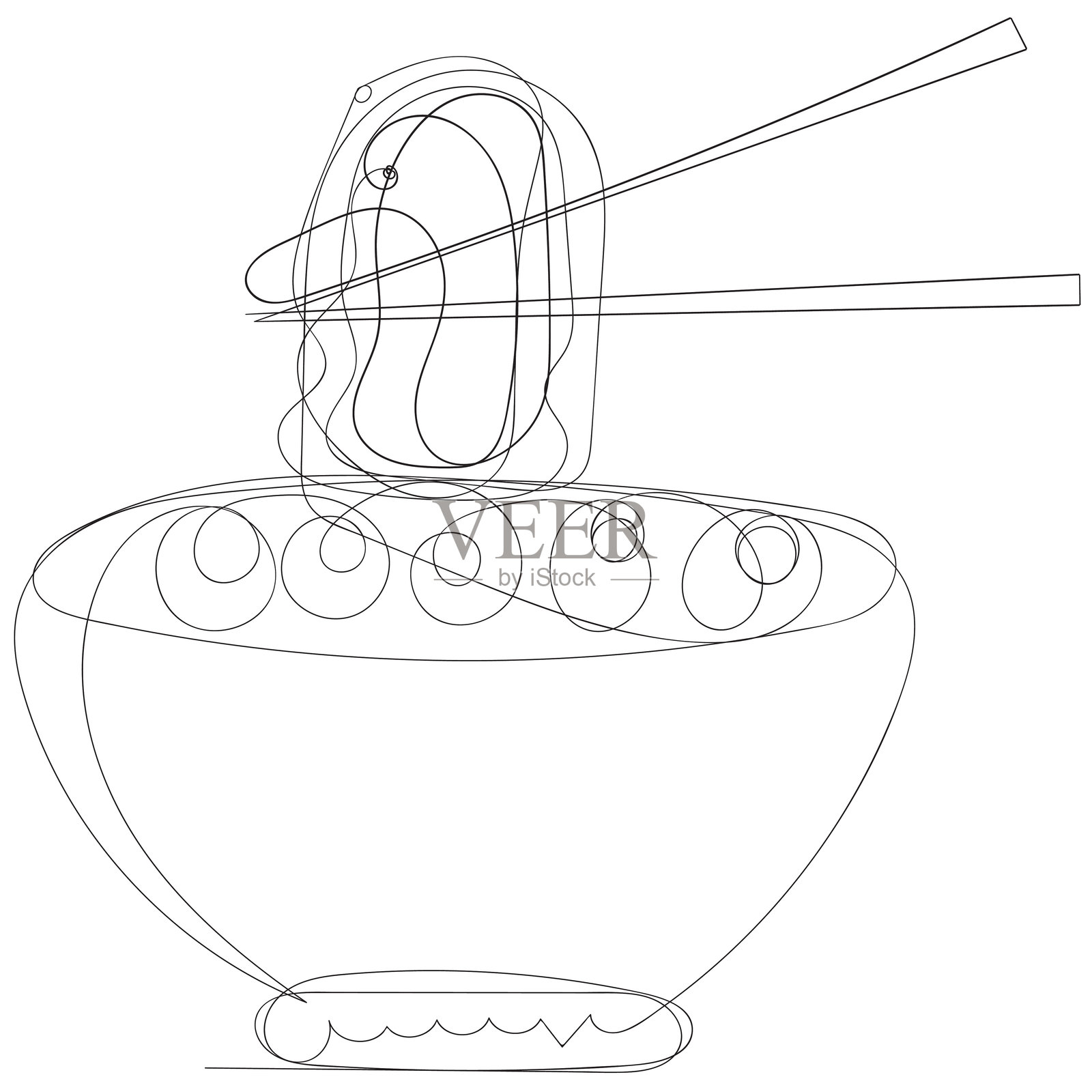 碗和面的单线连续绘画，筷子和碗的单线矢量插图。可编辑描边。插画图片素材
