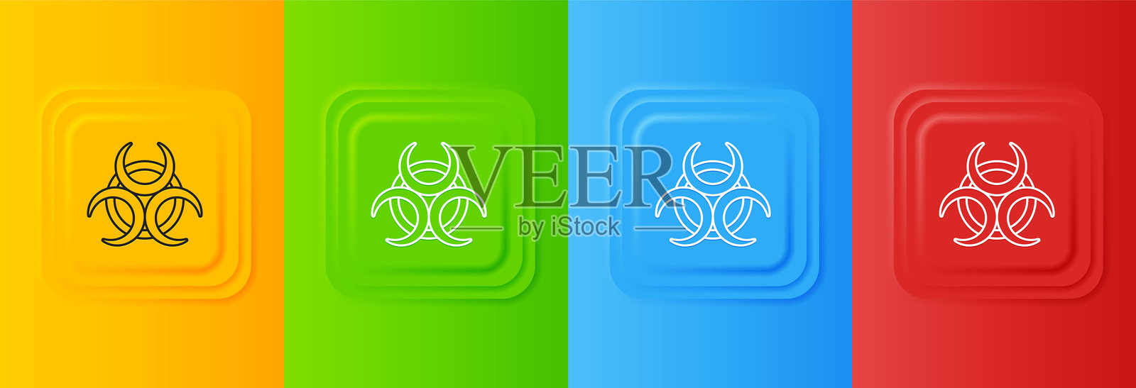 白色的生物危害标志图标，孤立在多彩的背景上。一组方形按钮中的图标。矢量图插画图片素材