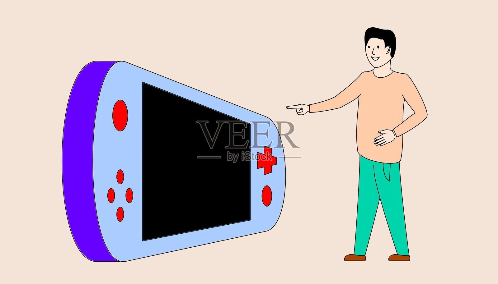 一名男子指向一台大型紫色和蓝色游戏机插画图片素材