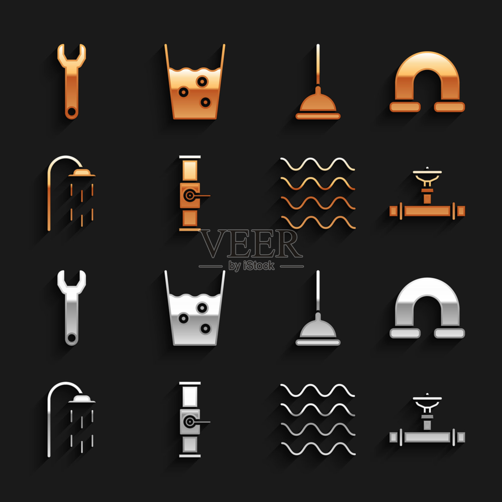 行业管道阀门、金属、波浪、淋浴、橡皮吸盘、扳手和带水的玻璃图标。矢量图插画图片素材