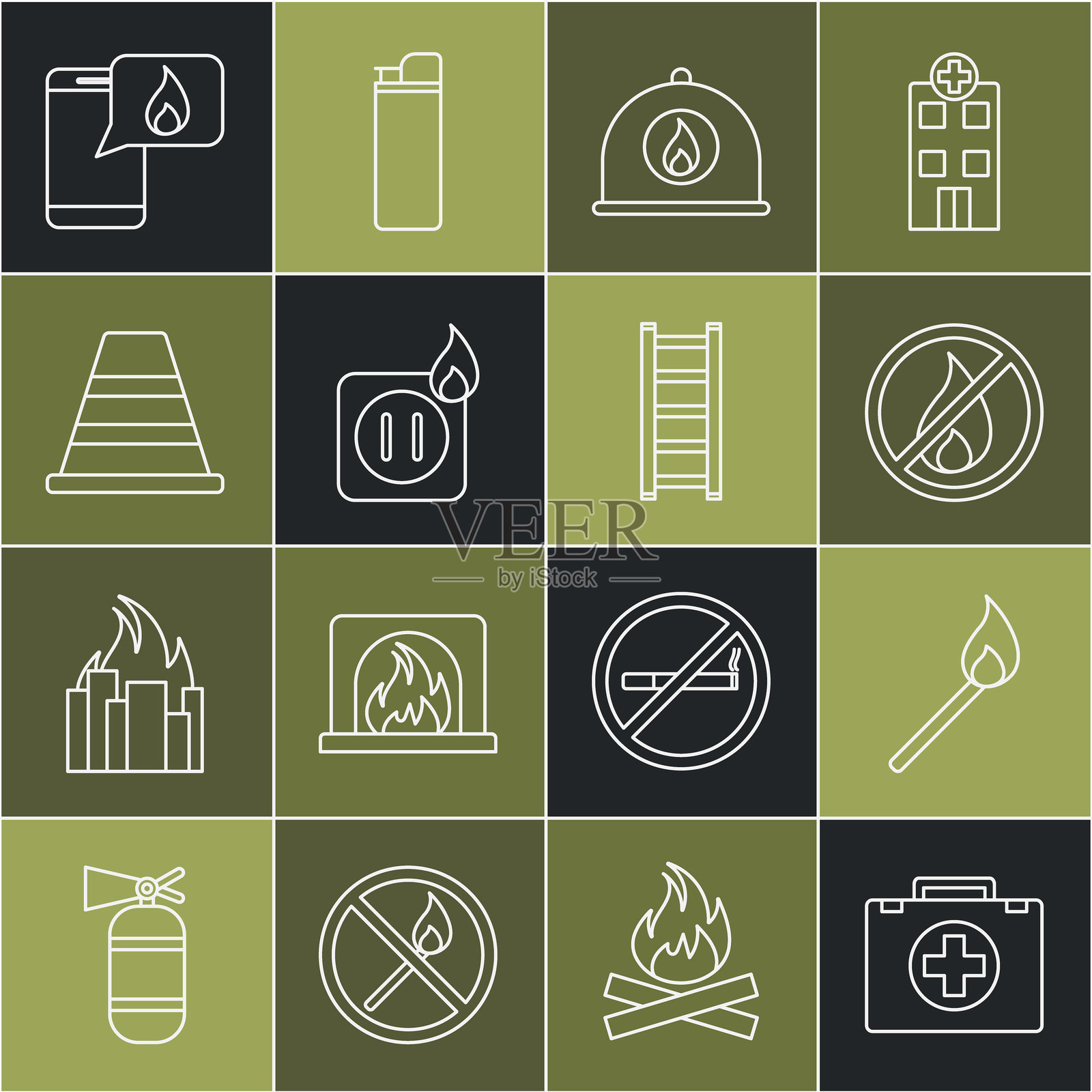 急救箱、带火焰的燃烧火柴、禁止标志、消防员头盔、插座电线、交通锥、紧急电话911和逃生图标的线条集合。矢量图插画图片素材
