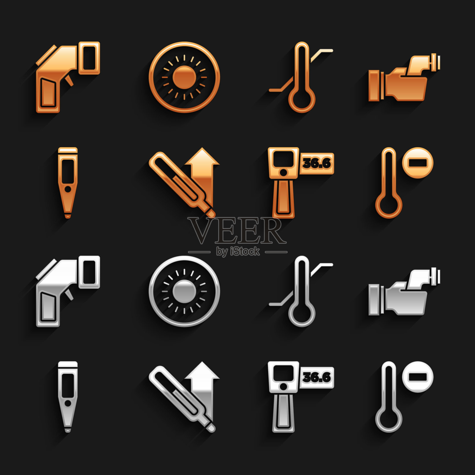 医用温度计、体温检测、气象学、数字和太阳图标的矢量图插画图片素材