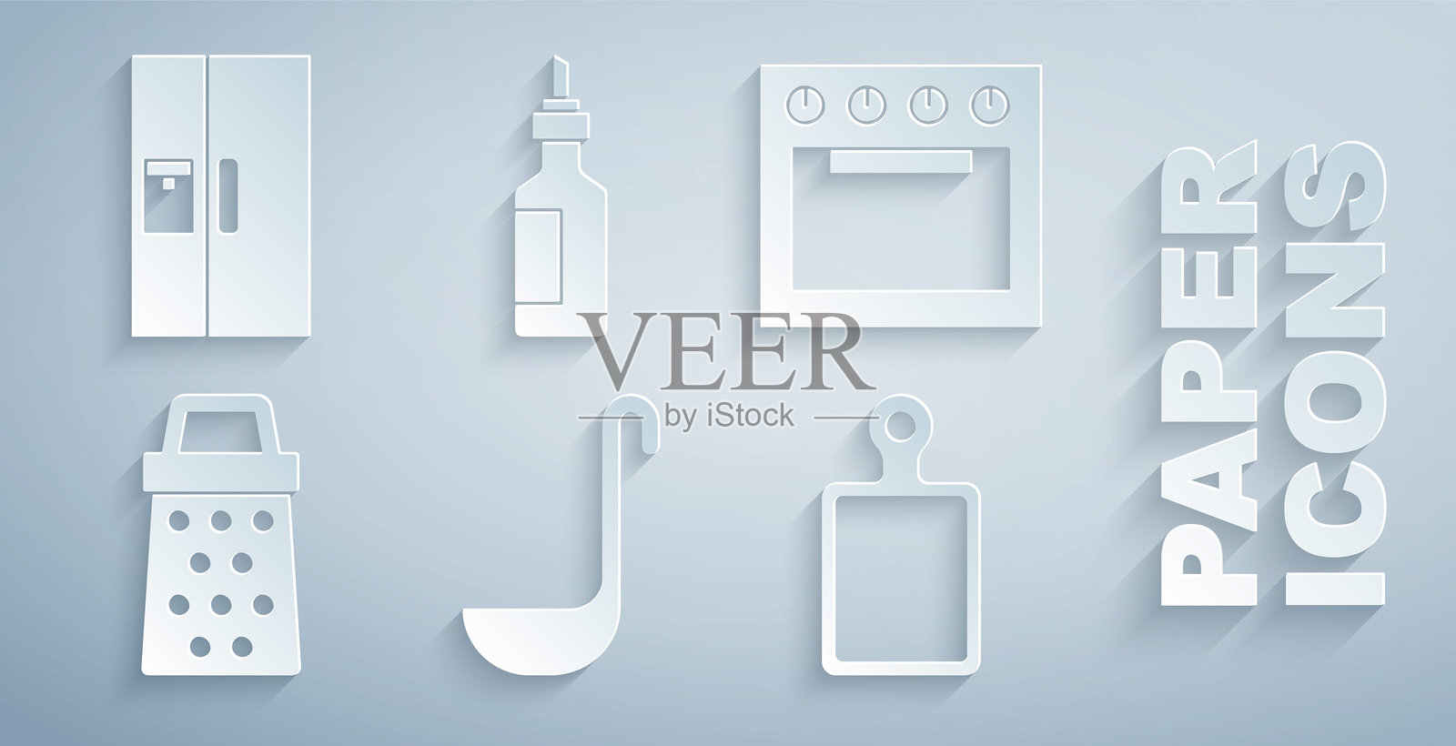 一套厨房用具图标：漏勺、烤箱、刨丝器、砧板、橄榄油瓶和冰箱。矢量图插画图片素材