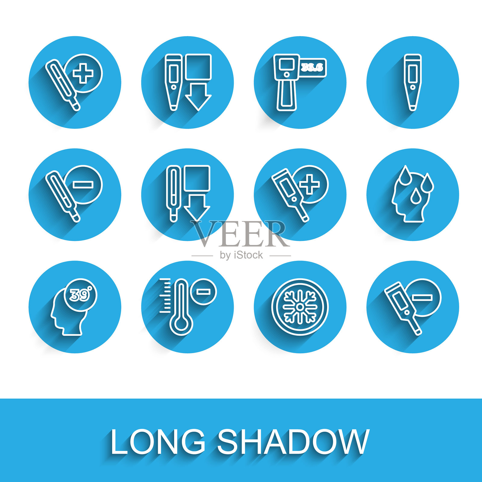 一套高人体温、气象温度计、医疗、雪花、数字和图标的线条矢量图插画图片素材