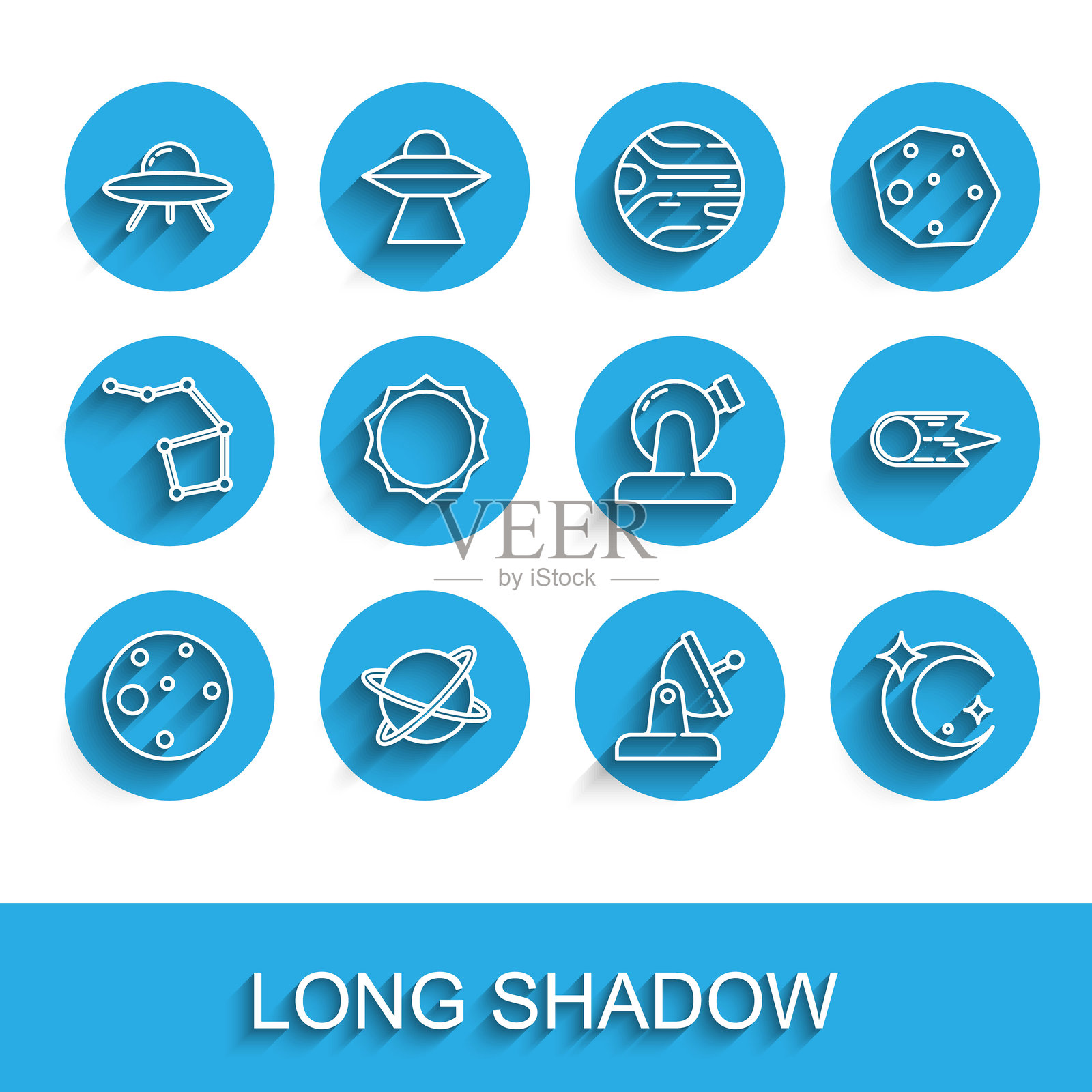 火星卫星绕行星运行，不明飞行物飞船，飞碟，月亮星星，太阳，快速坠落的彗星以及天文观测台图标的线条集合。矢量图插画图片素材