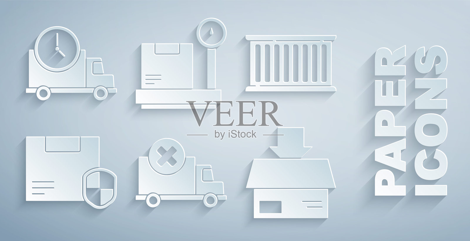 集装箱卡车、集装箱、盾牌代表安全、纸箱、天平以及物流和时钟图标。矢量图插画图片素材