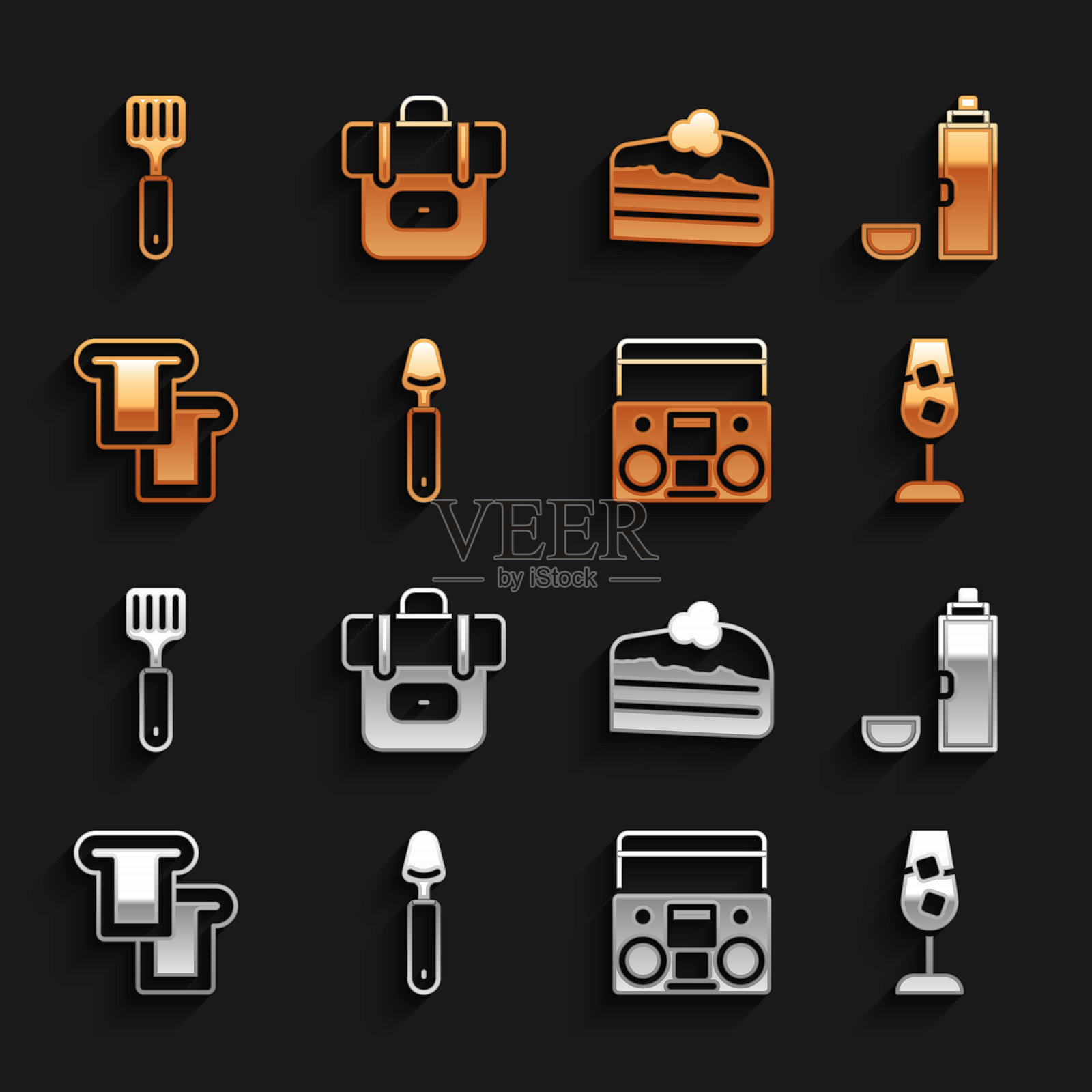 勺子、保温杯、酒杯、带两个音箱的家用音响、吐司面包、一块蛋糕、锅铲和徒步背包的图标。矢量图插画图片素材