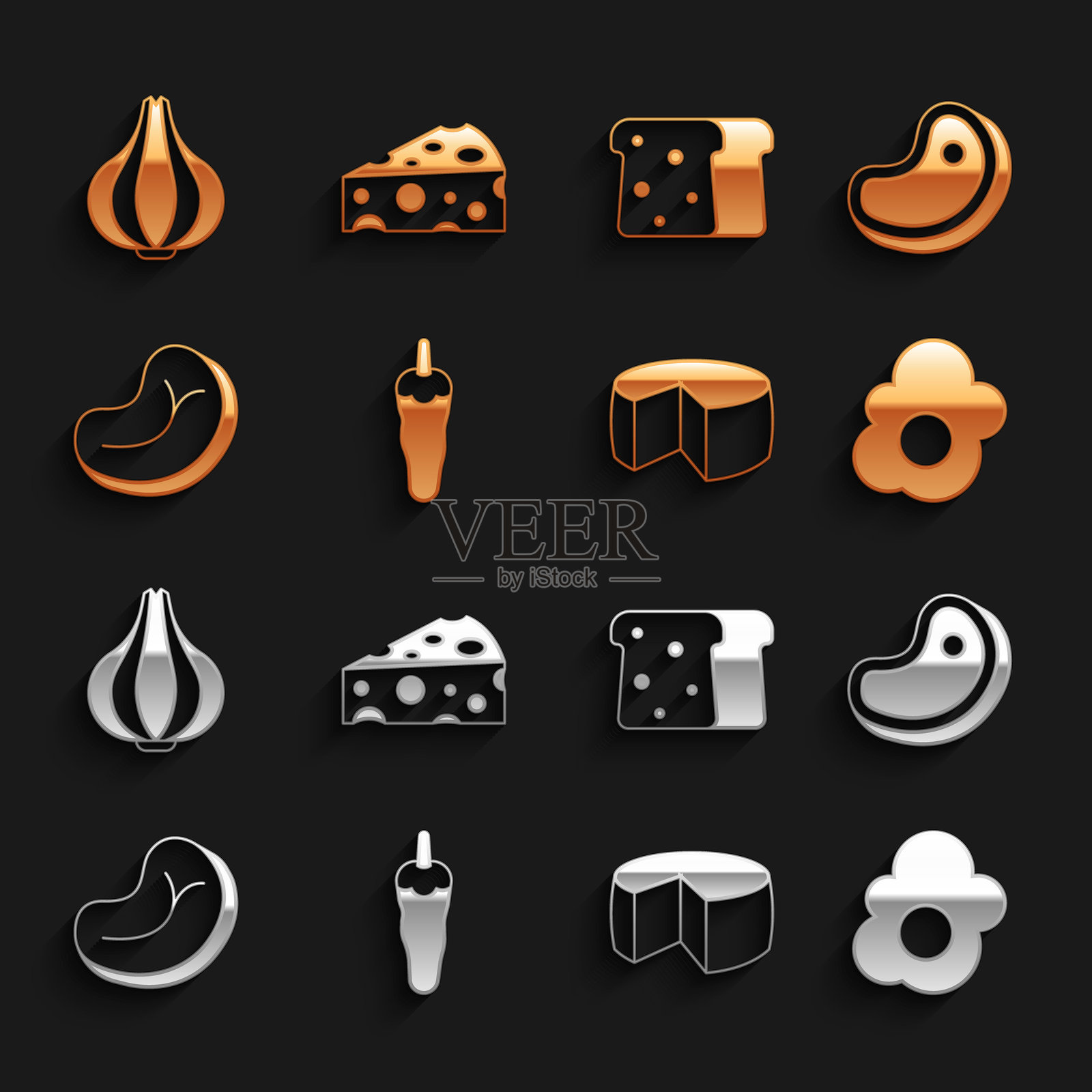 一套辣椒、牛排、炒鸡蛋、奶酪、烤面包、大蒜和图标。矢量图插画图片素材