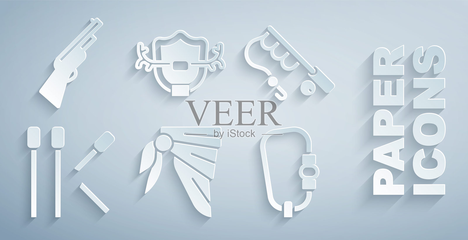 头巾或机车党围巾、钓鱼竿、火柴、登山扣、盾牌上的鹿角和猎枪图标套装。矢量图插画图片素材