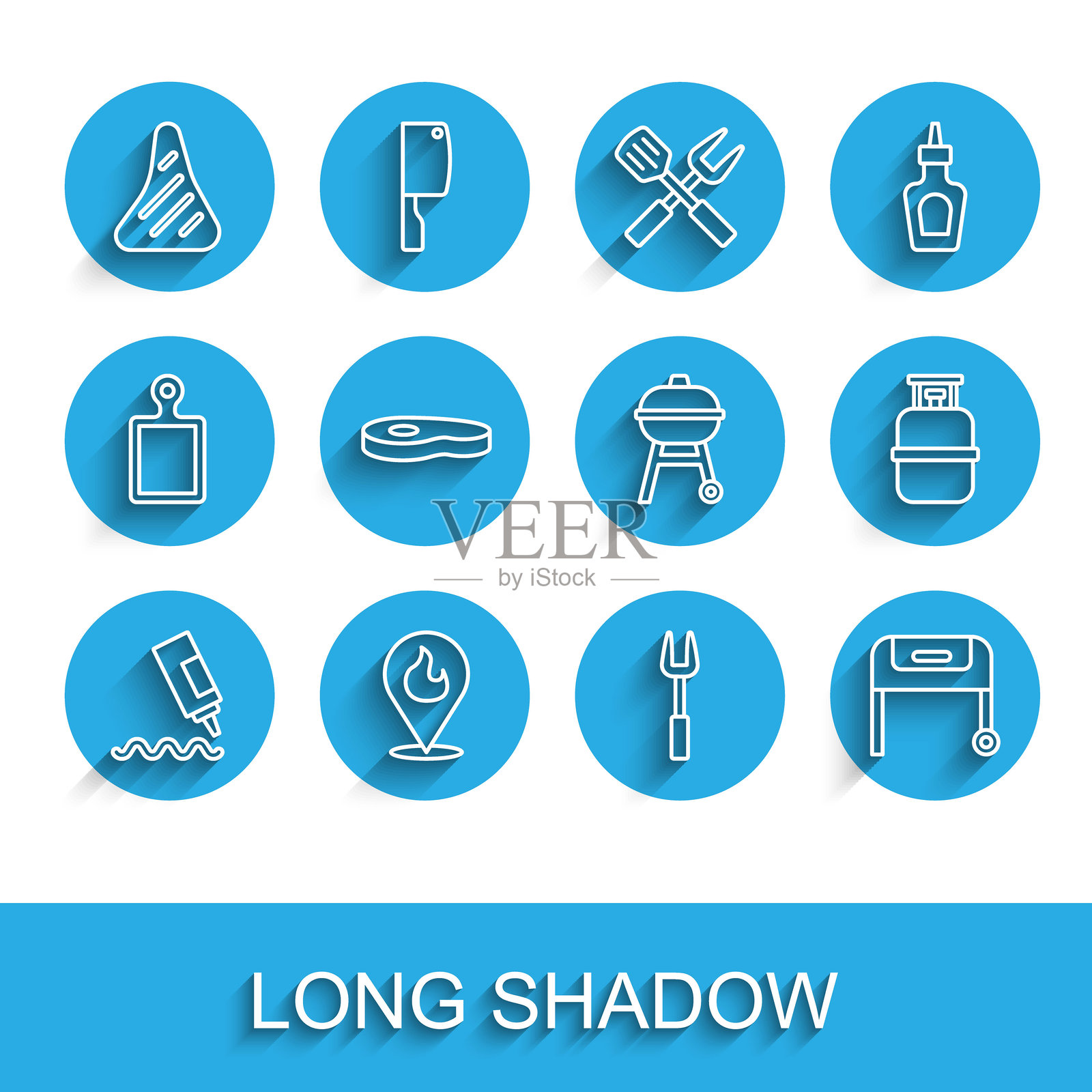 酱料瓶、火焰、牛排、烧烤叉、烤架、丙烷罐和图标的线条集合。矢量图插画图片素材