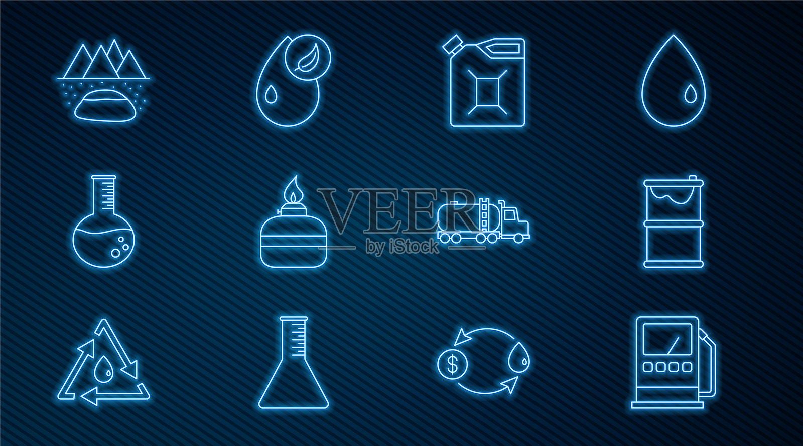 设置加油站、石油泄漏、汽油罐、酒精炉、石油试管、油田、油罐车和生物燃料图标的线条。矢量图插画图片素材