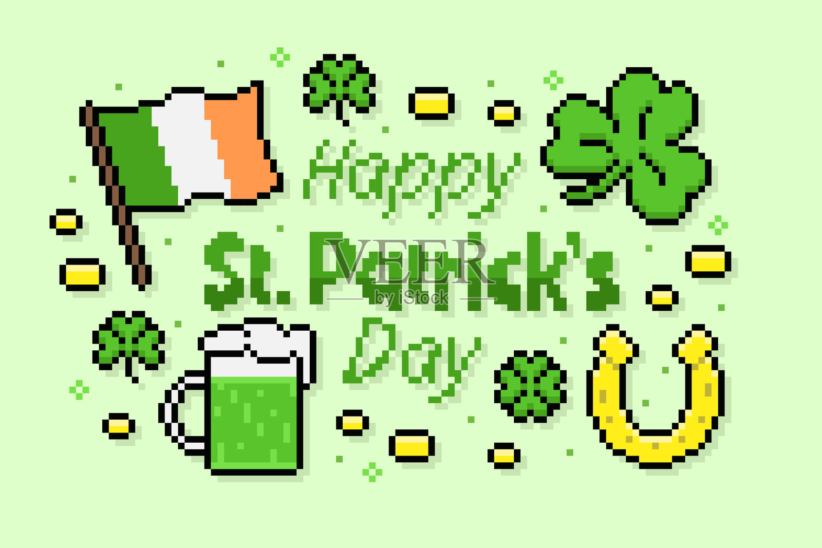 圣帕特里克节。像素风格的节日元素组合。插画图片素材