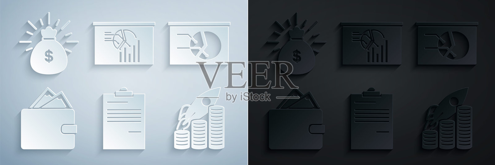 文件集、带图表的面板、钱包里的纸币现金堆、火箭升空金币增长，以及钱袋图标。矢量图插画图片素材