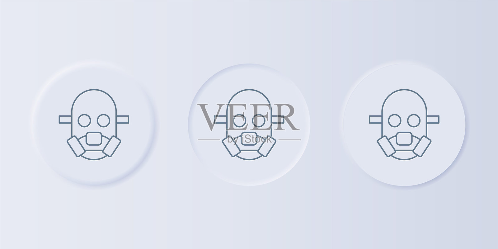 灰色防毒面具图标，孤立在灰色背景上。呼吸器标志。一组方形按钮图标。矢量图插画图片素材