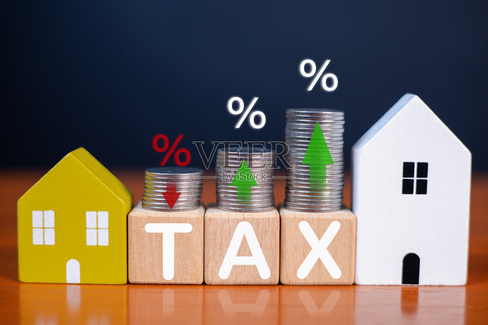 房地产税概念，展示了堆叠的硬币显示变化的利率、木屋模型和金融增长指标，用于房地产投资、抵押贷款规划和经济分析。照片摄影图片