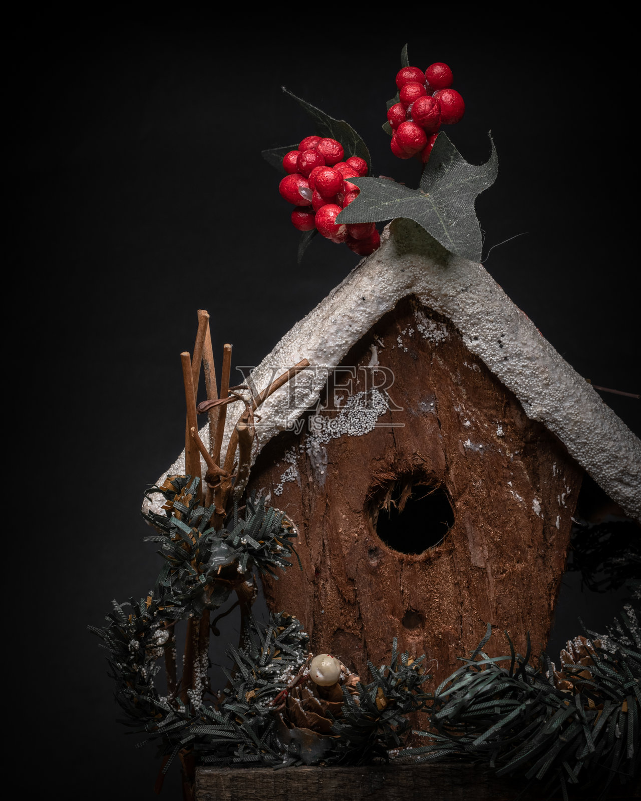 冬季假期鸟舍挂着槲寄生照片摄影图片