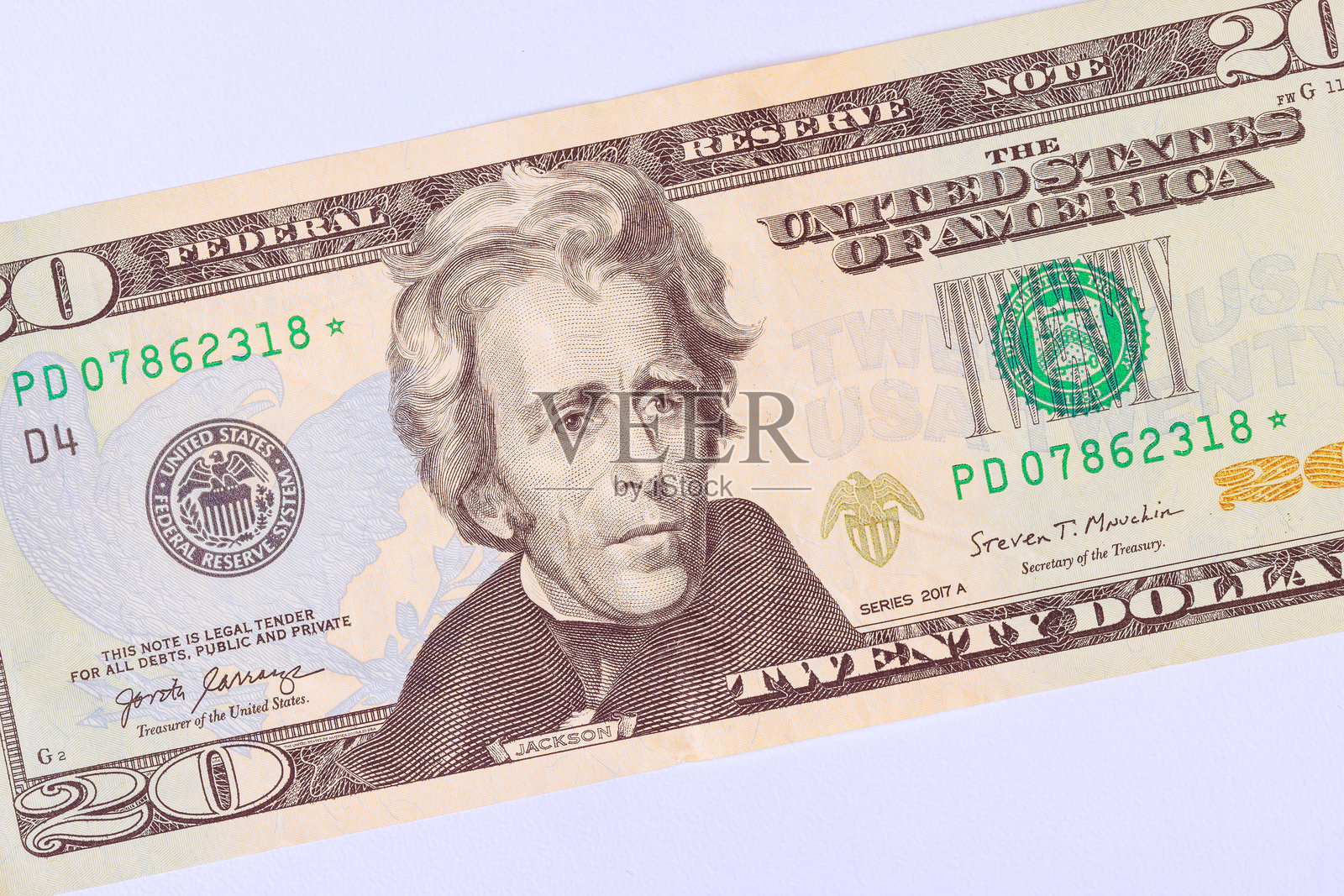 二十美元纸币的详细视图，展示了安德鲁·杰克逊和黑绿色油墨设计照片摄影图片