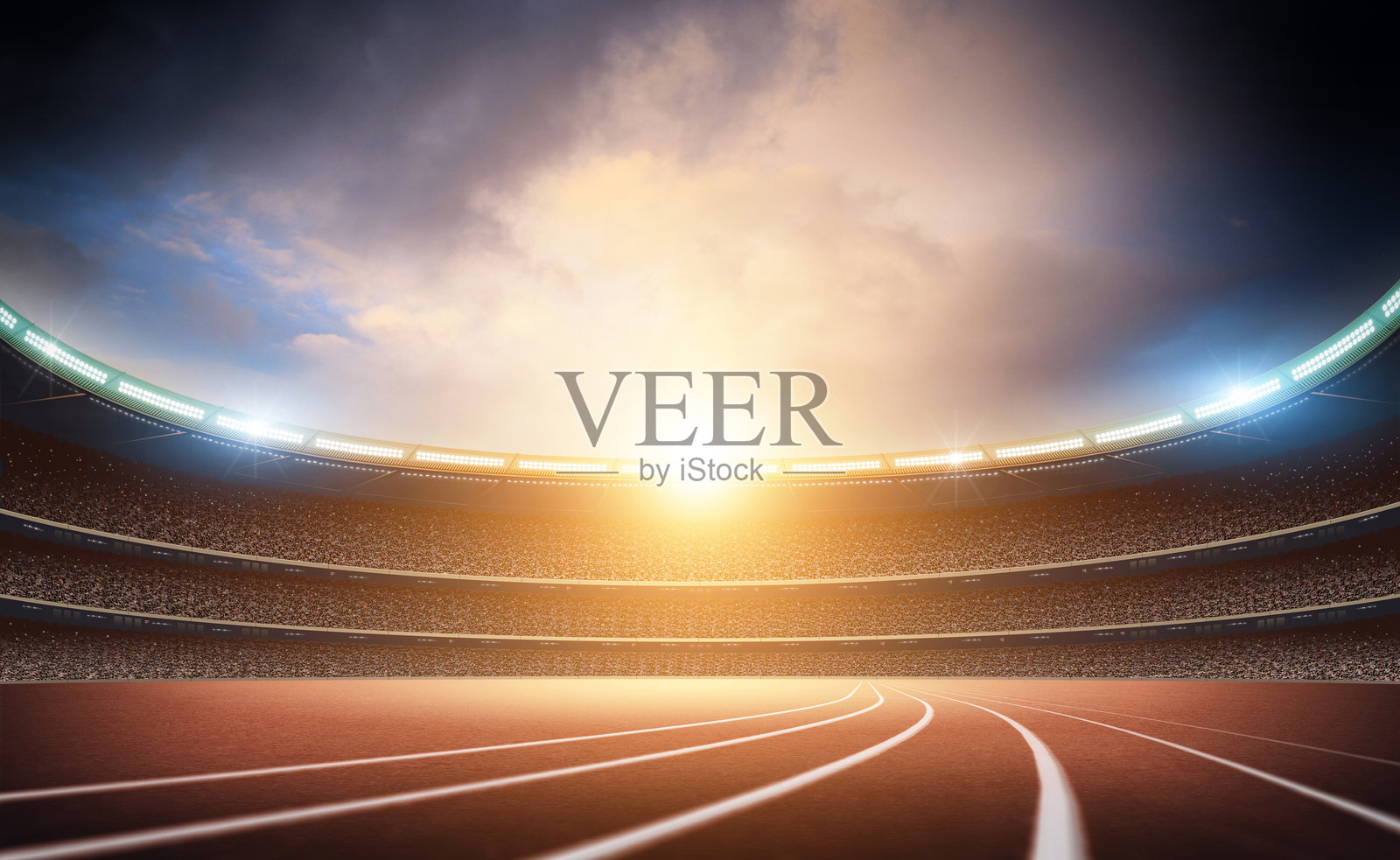 日落时分奥林匹克体育场跑道，观众席全满，三维渲染照片摄影图片