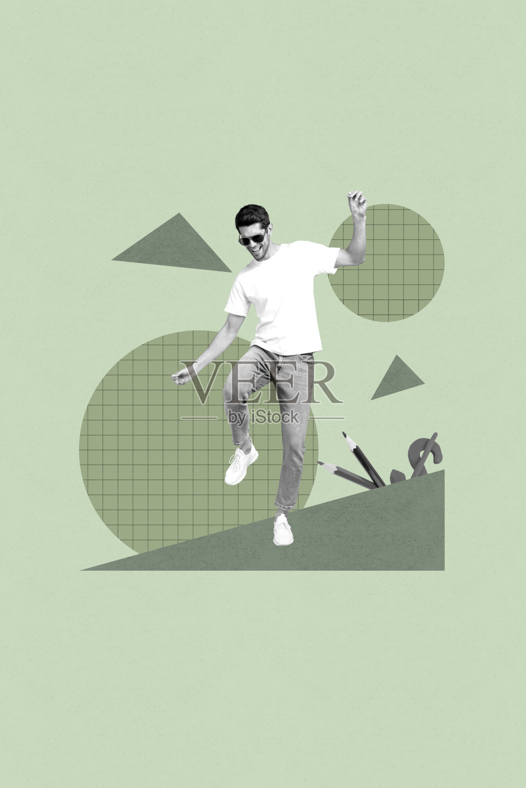 流行杂志素描艺术拼贴，描绘快乐的商人和女商人站立，周围有美元货币、收入、铅笔用品和收益。照片摄影图片