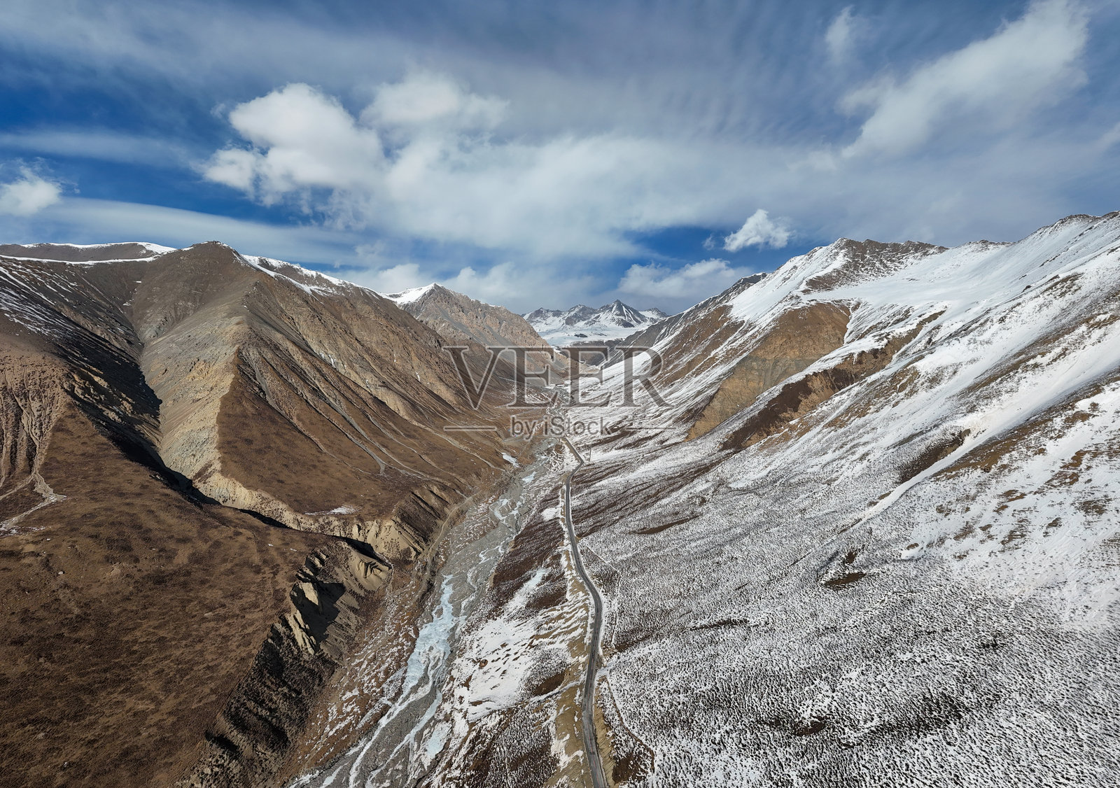 雪山峡谷中的蜿蜒山路照片摄影图片