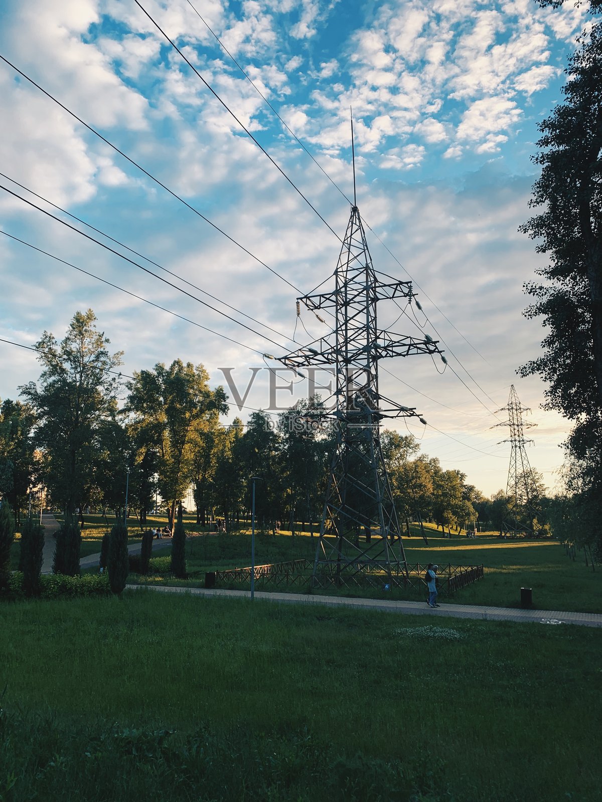 傍晚时分，电力线在绿色公园内，在充满活力的天空映衬下高高耸立。照片摄影图片