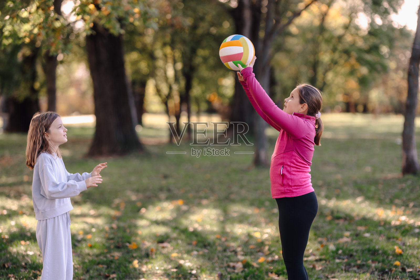 秋日公园里，女孩们在户外打排球照片摄影图片