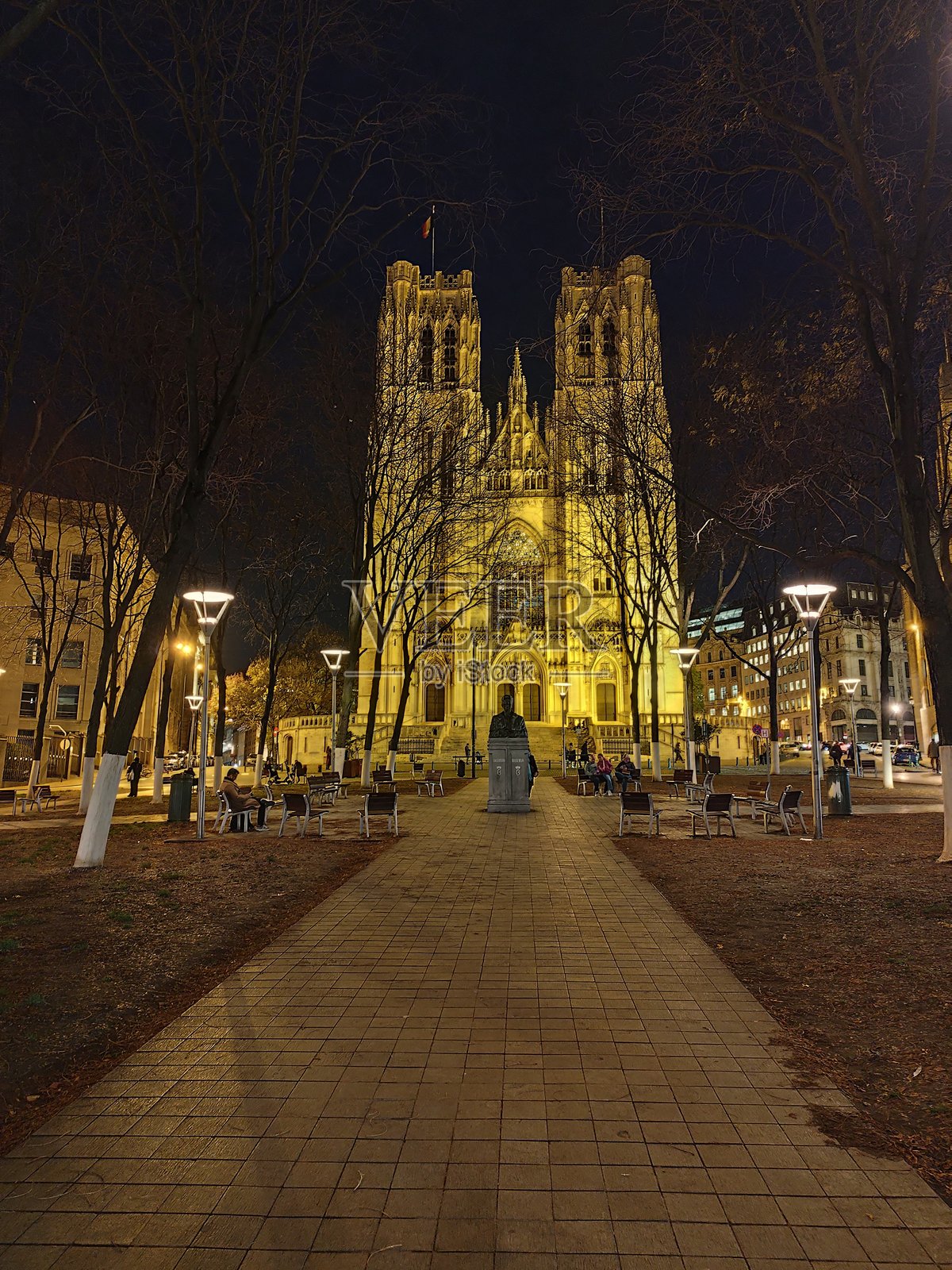 布鲁塞尔圣米歇尔和圣古杜勒大教堂的哥特式夜晚照片摄影图片