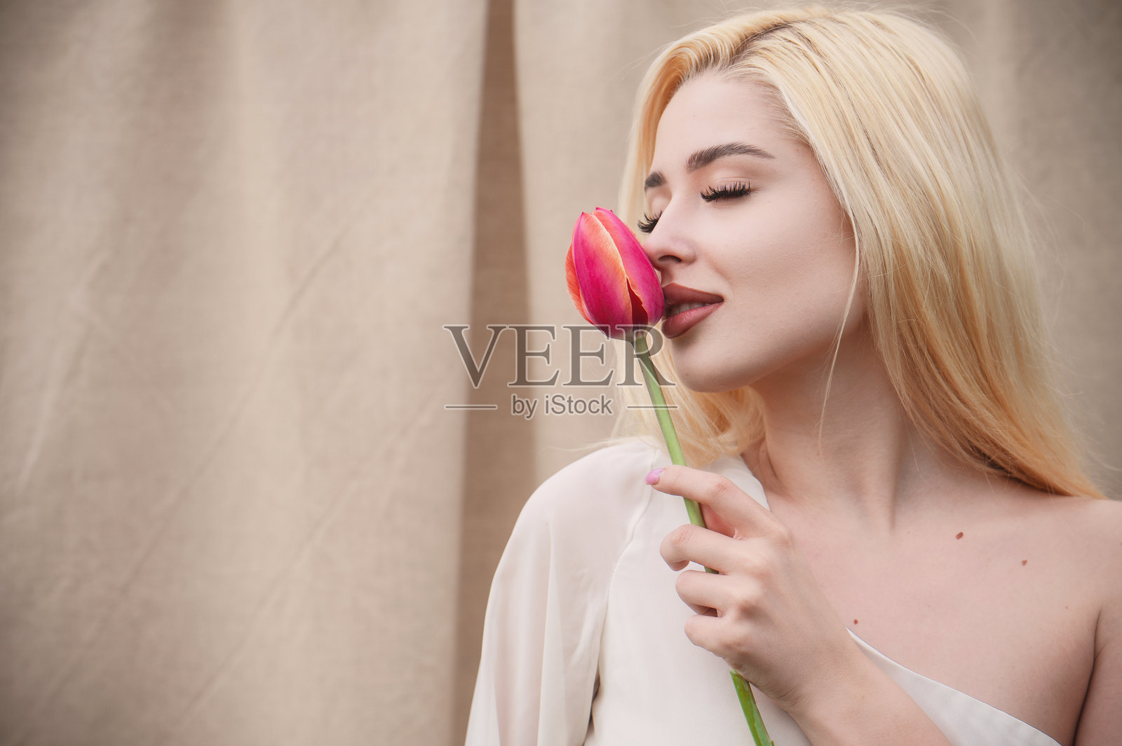 一位金色长发女孩手捧粉色郁金香花束，背景为浅色纹理。国际妇女节快乐，春季第一天，母亲节，以及春季假期的横幅宣传文案空间。照片摄影图片