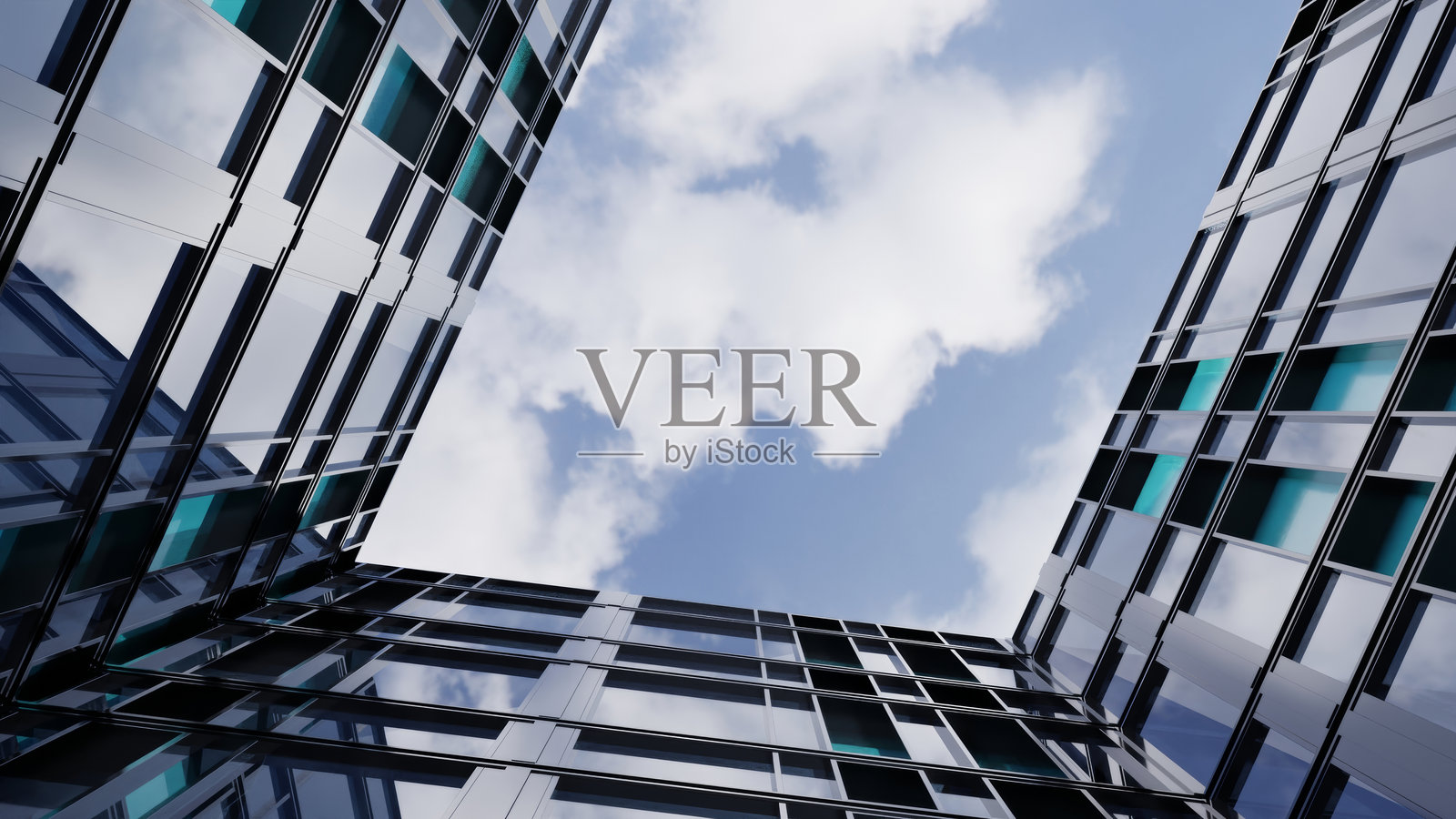 现代玻璃建筑在晴朗的蓝天和零星的云朵下形成几何框架，营造出富有动感的建筑视角，3D渲染照片摄影图片