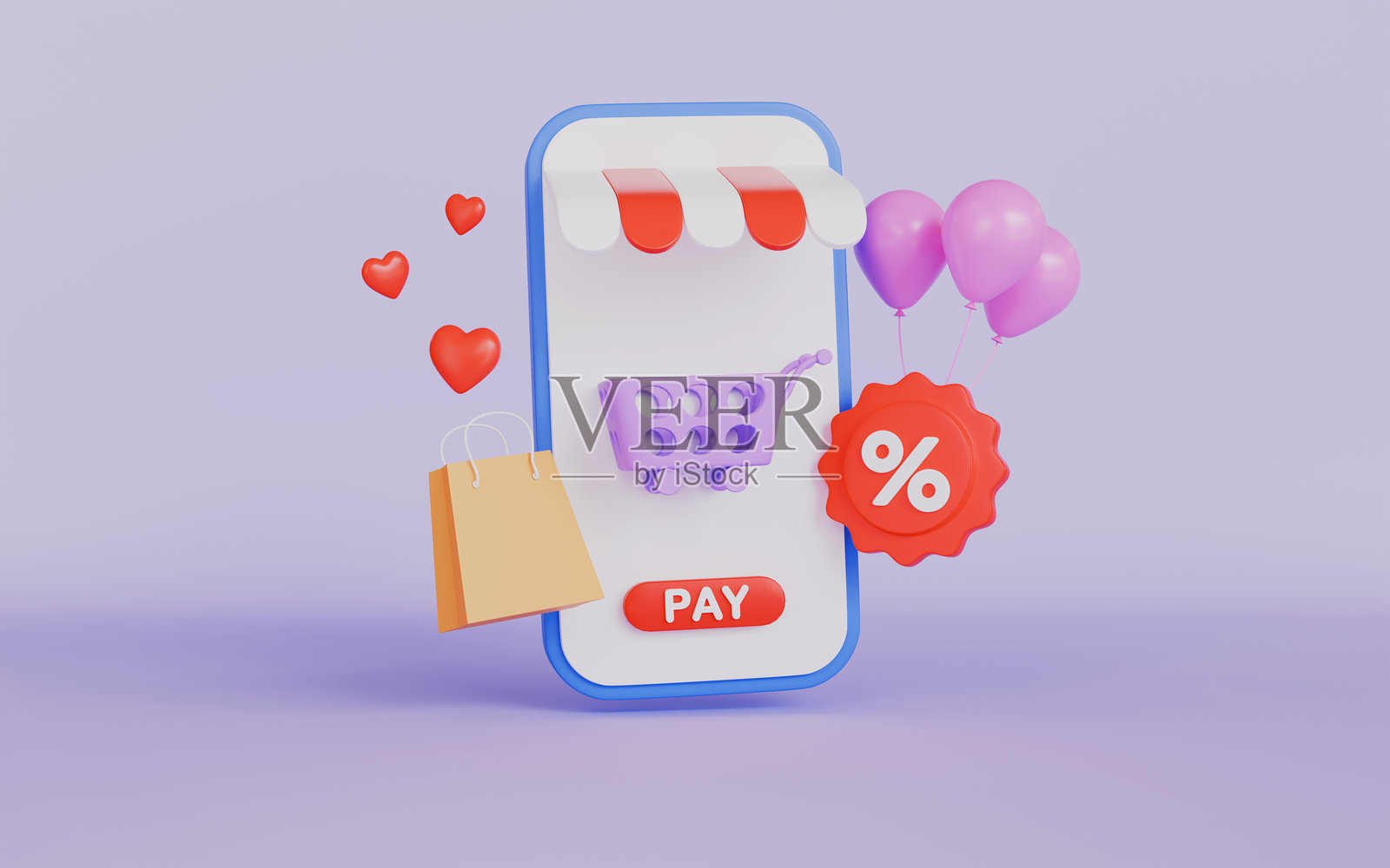 手机在线购物商店、气球、包和心形、购物车、特别促销概念照片摄影图片