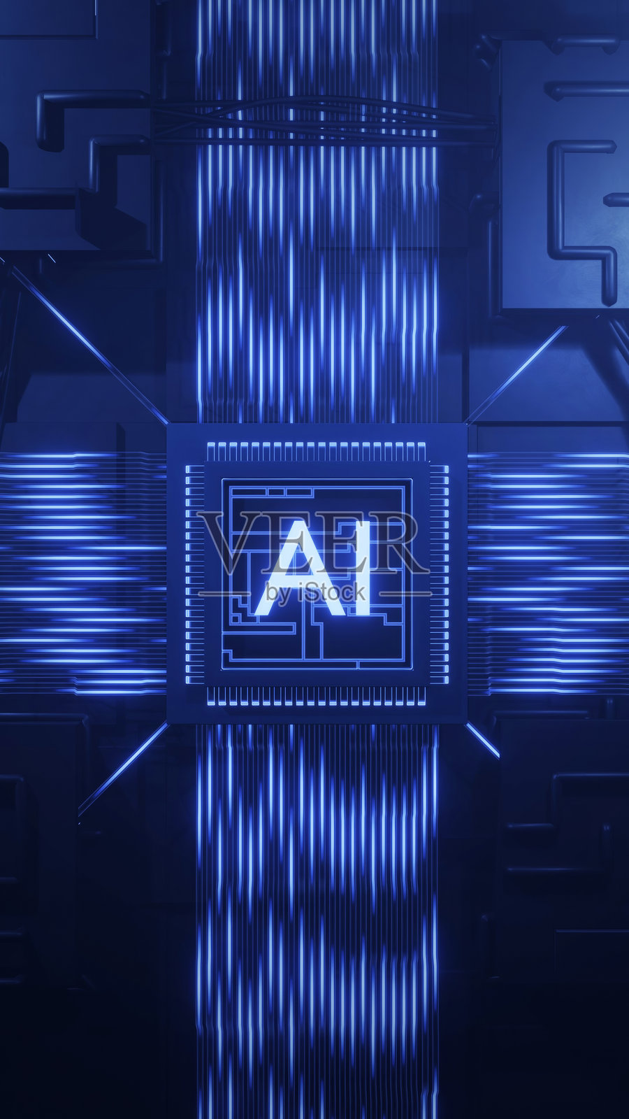 中央有“AI”字样的发光蓝色电路板，周围环绕着复杂的图案和线条，营造出未来感和科技感，3D渲染照片摄影图片