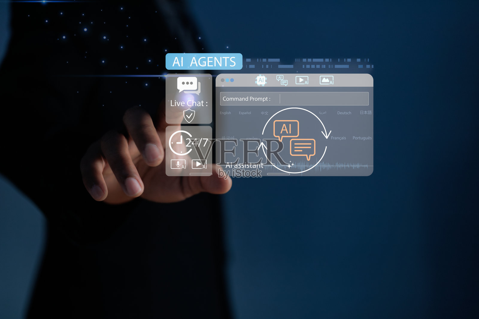 商人正在触摸带有网络安全锁图标的虚拟聊天人工智能界面。概念是安全的、人工智能对话、数据隐私保护以及智能数字通信技术。照片摄影图片