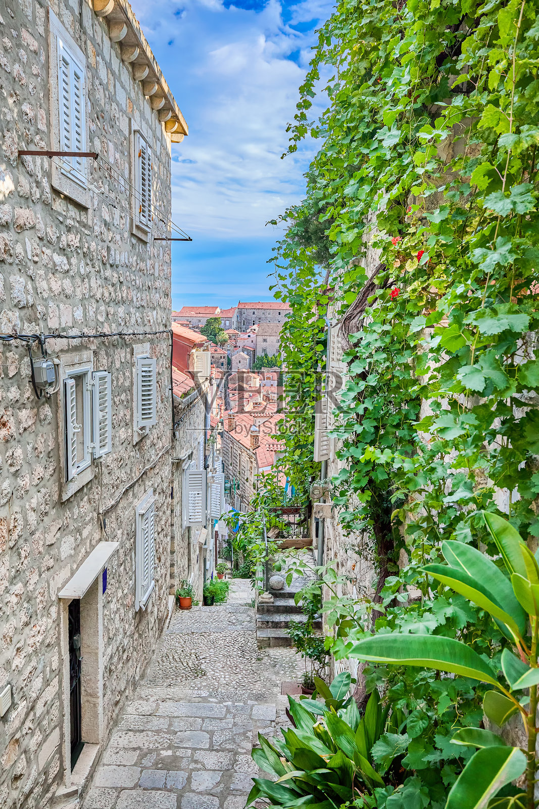 杜布罗夫尼克老城中心，狭窄巷道中上升的石砌台阶，两旁是带有门廊和植物装饰的老城建筑，部分小巷在石拱门下交错，欧洲克罗地亚照片摄影图片