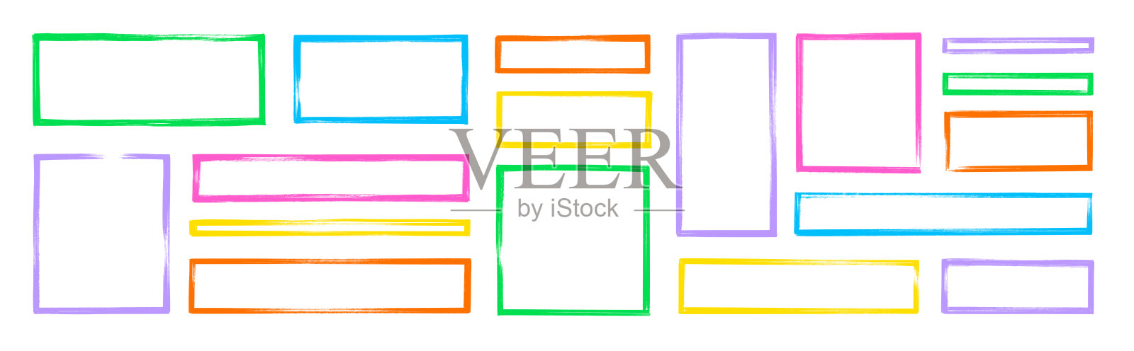 手绘矩形边框，带有笔触和粗糙边缘。彩色照片矩形，盒子边框。手绘笔触纹理印章形状集，带有粗糙边缘效果。矢量图插画图片素材