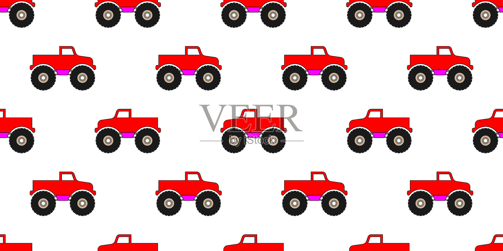 白底红色的卡通大轮怪兽卡车无缝图案，适合儿童插画图片素材