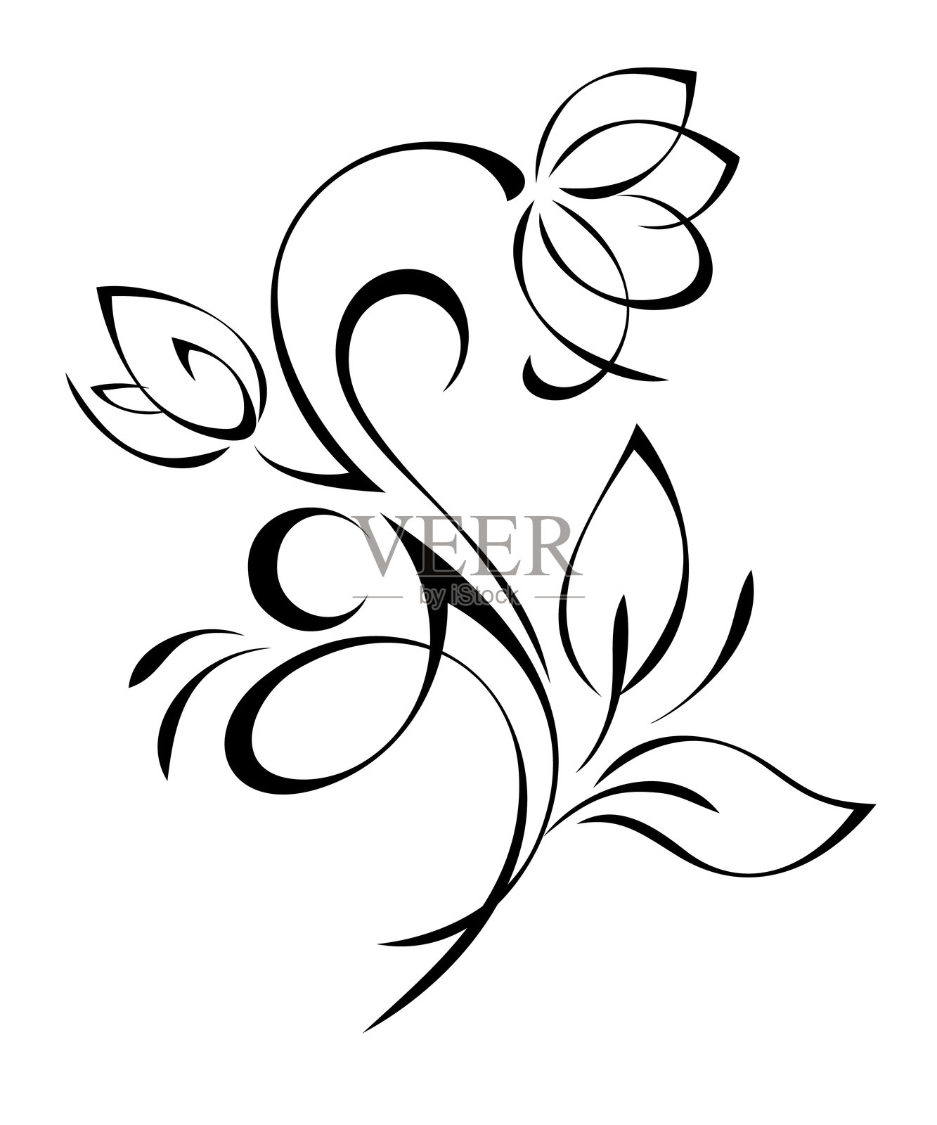 带有风格化花朵、茎、叶子和卷须的花卉设计。图形装饰插画图片素材