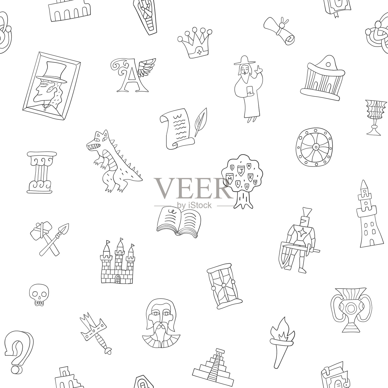 历史童话无缝矢量背景手绘涂鸦物品和标志插画图片素材