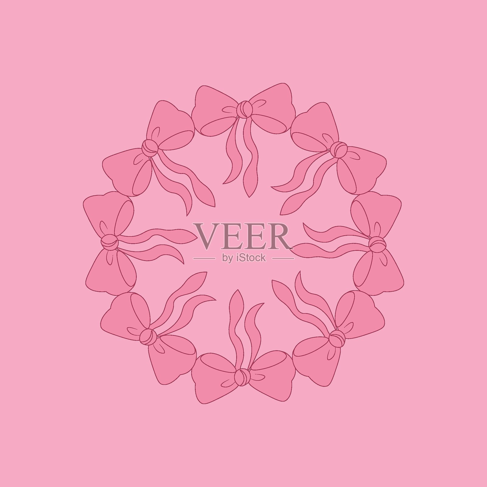 由柔软的粉色丝带蝴蝶结组成的圆形装饰边框，呈花环状排列。优雅浪漫的边框，适用于情人节贺卡、婚礼设计、邀请函、品牌推广和女性化布局。插画图片素材