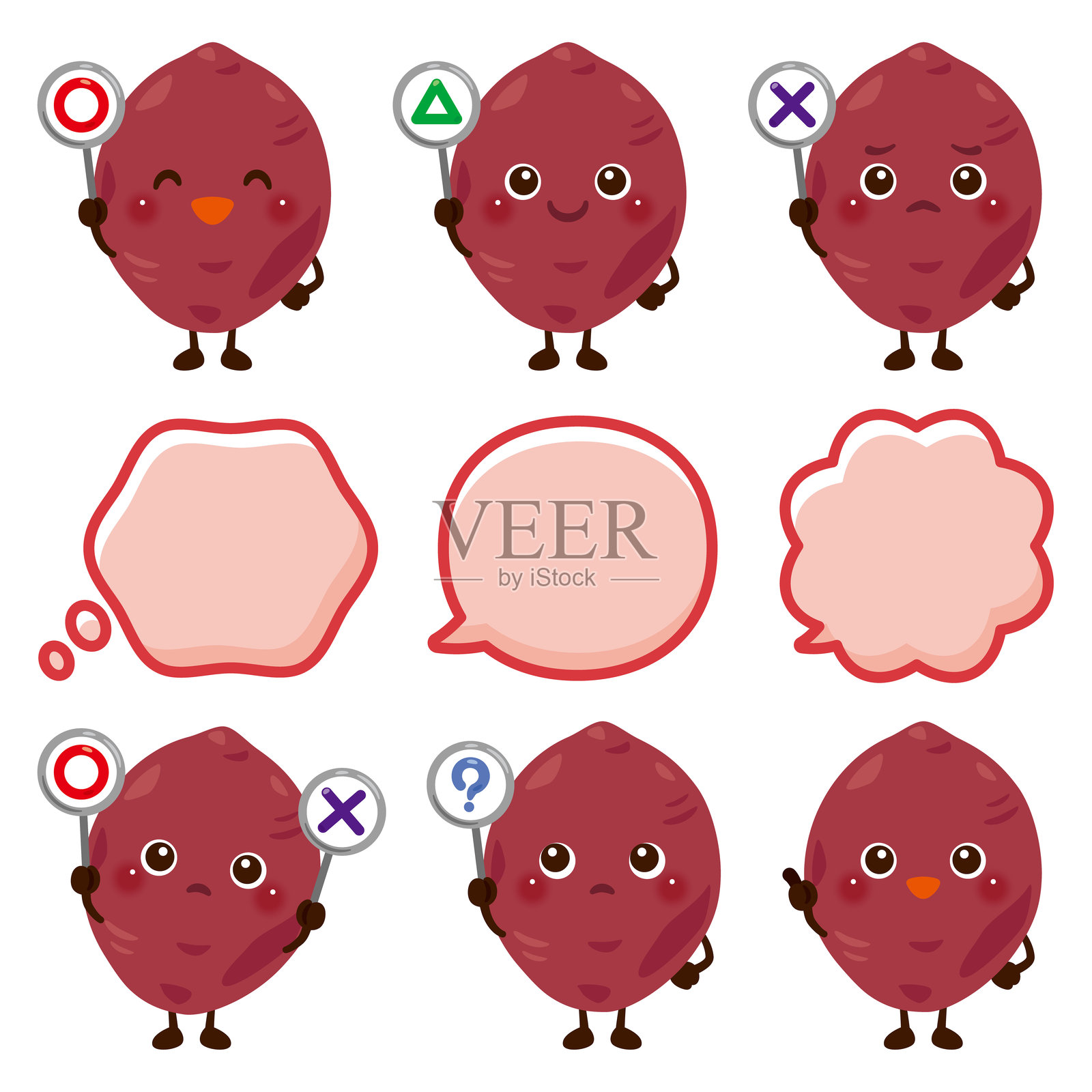 可爱甜美红薯角色插画，手持O、X和三角形标志插画图片素材