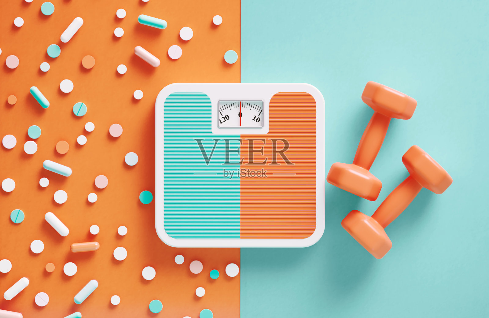 橙蓝配色的背景上放着橙色和蓝色的体重秤、哑铃和药丸照片摄影图片