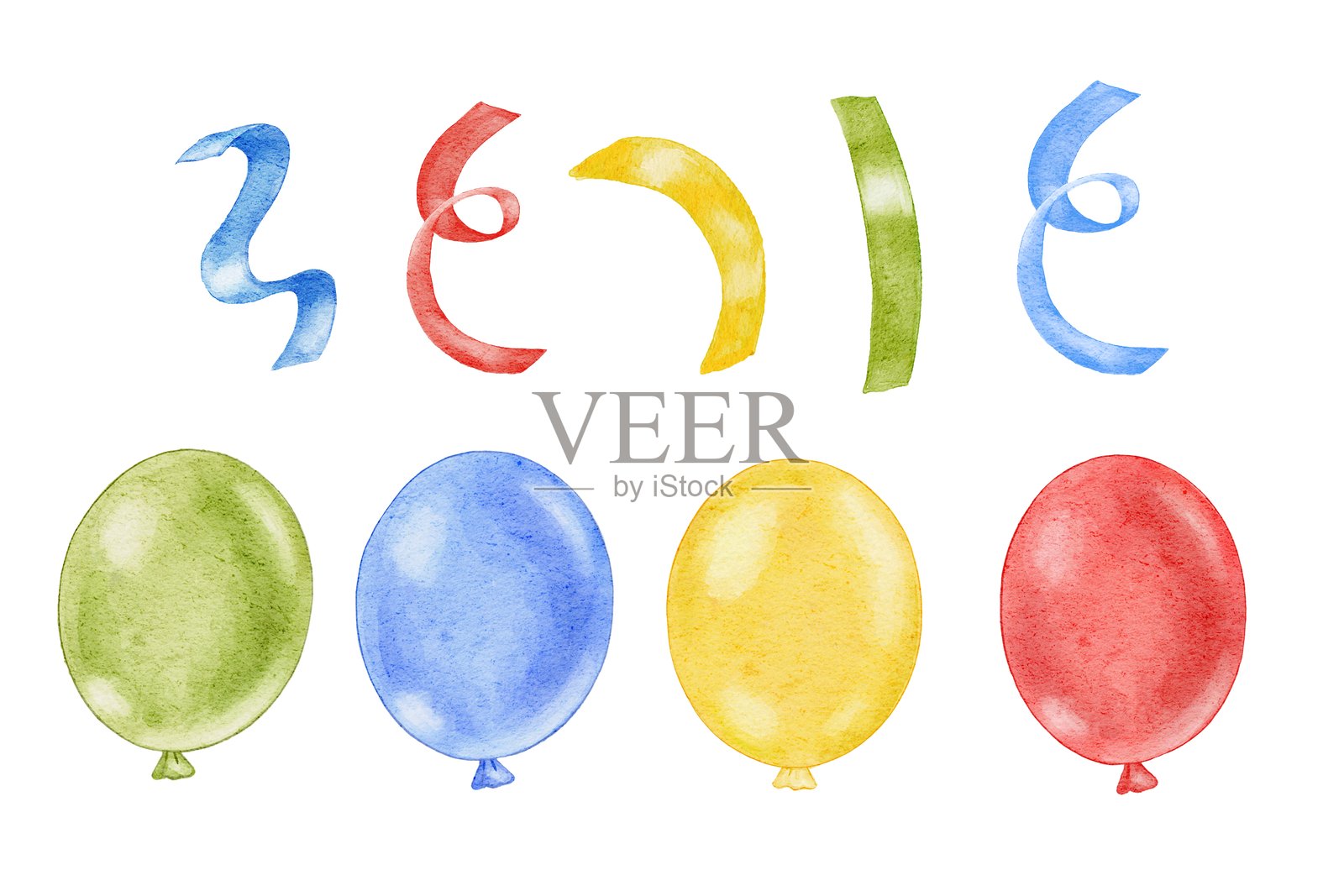 水彩插画，描绘了色彩缤纷的气球和纸屑元素。适用于生日庆祝、派对邀请函、贺卡、儿童活动、纪念日设计和节日图案。插画图片素材