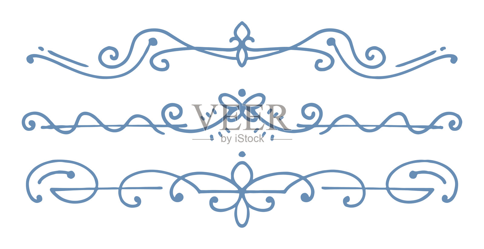一套优雅的蓝色手绘装饰分隔线插画图片素材