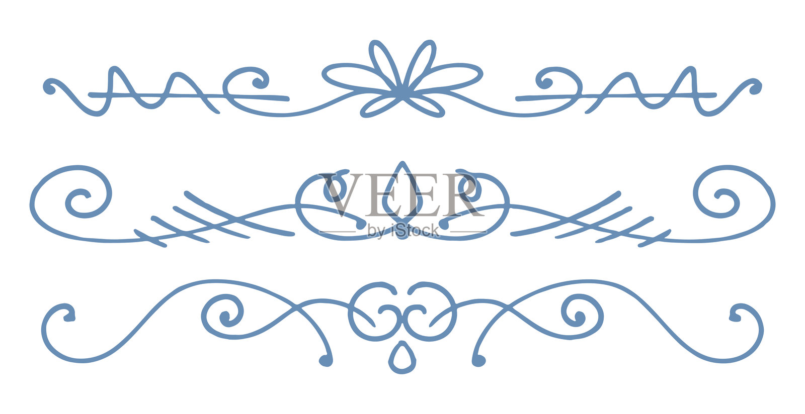 一套优雅的蓝色手绘装饰分隔线插画图片素材