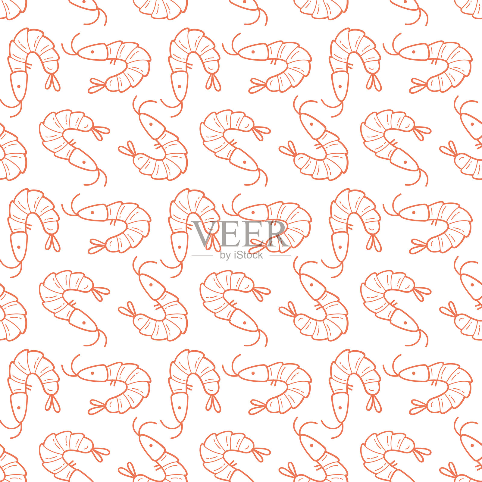 无缝手绘虾图案，带有海鲜轮廓插画插画图片素材