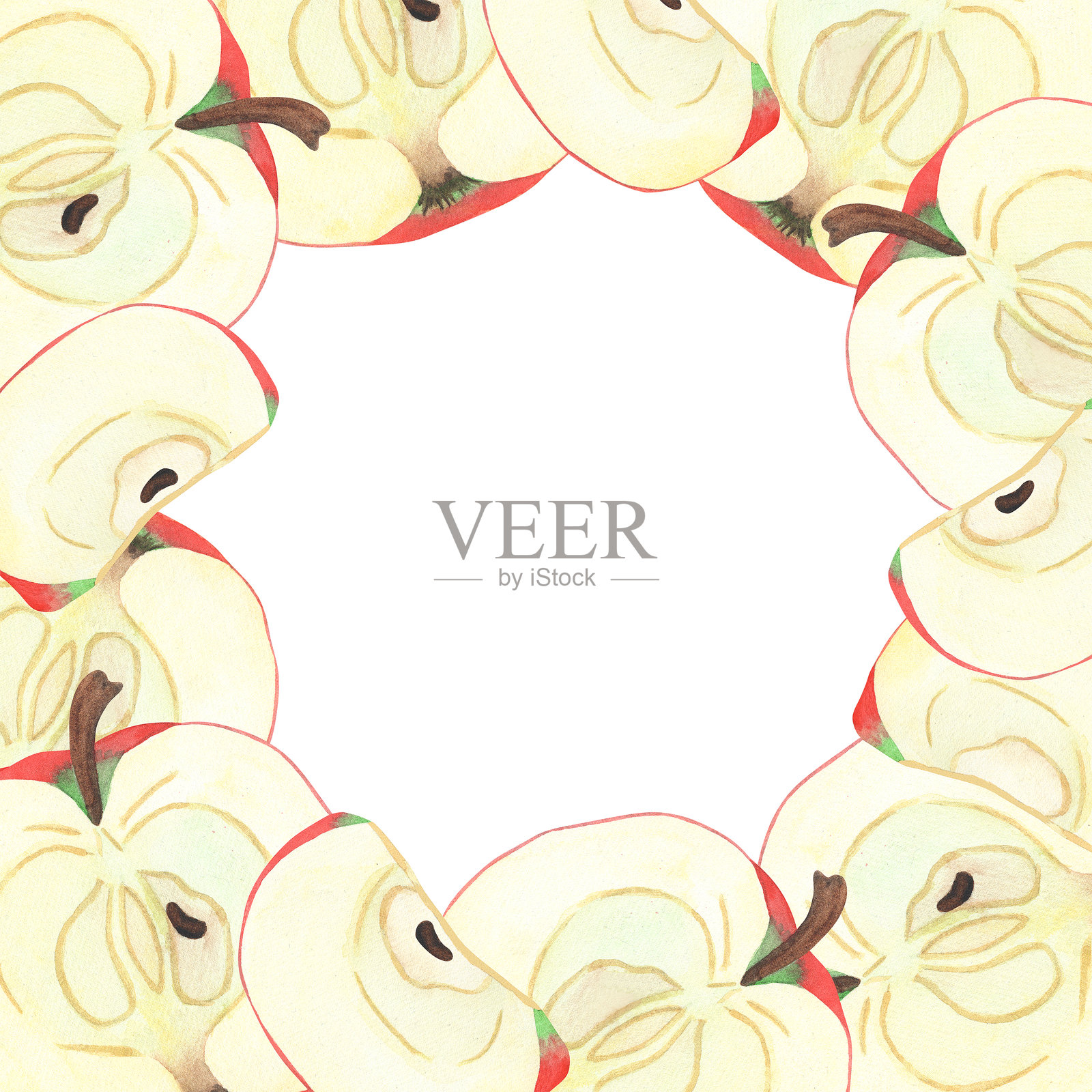 手绘水彩风格的苹果、苹果片和苹果半切图插画图片素材