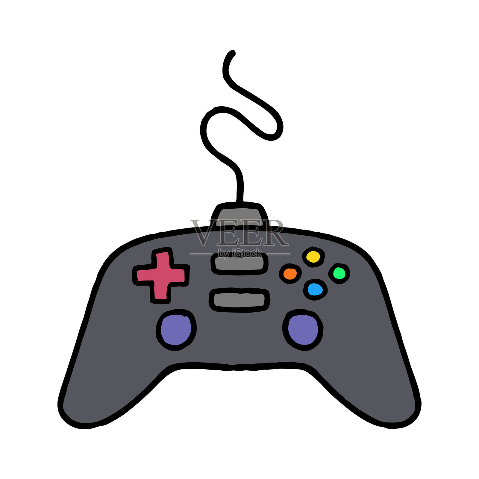 手绘蓝色电子游戏手柄，带彩色按钮插画图片素材